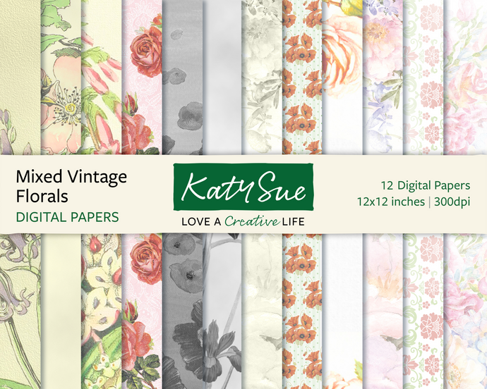 Mixed Vintage Florals, 12x12 Digital Papers